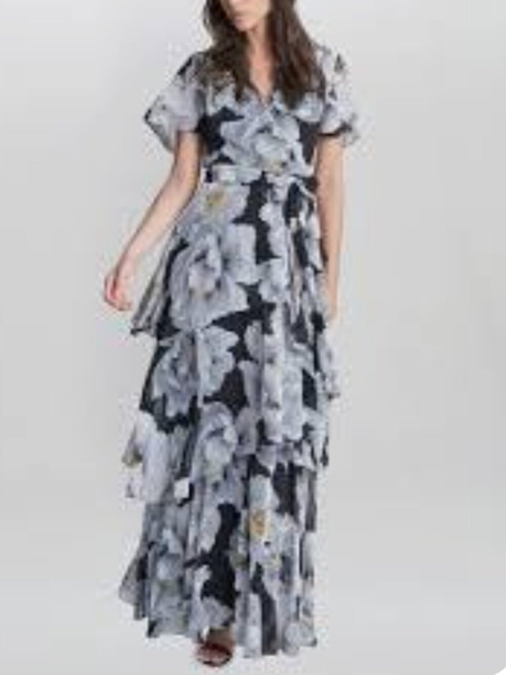 NWT - SLNY - Black and Grey Floral Short-sleeve Tiered Maxi Dress - SIZE 16